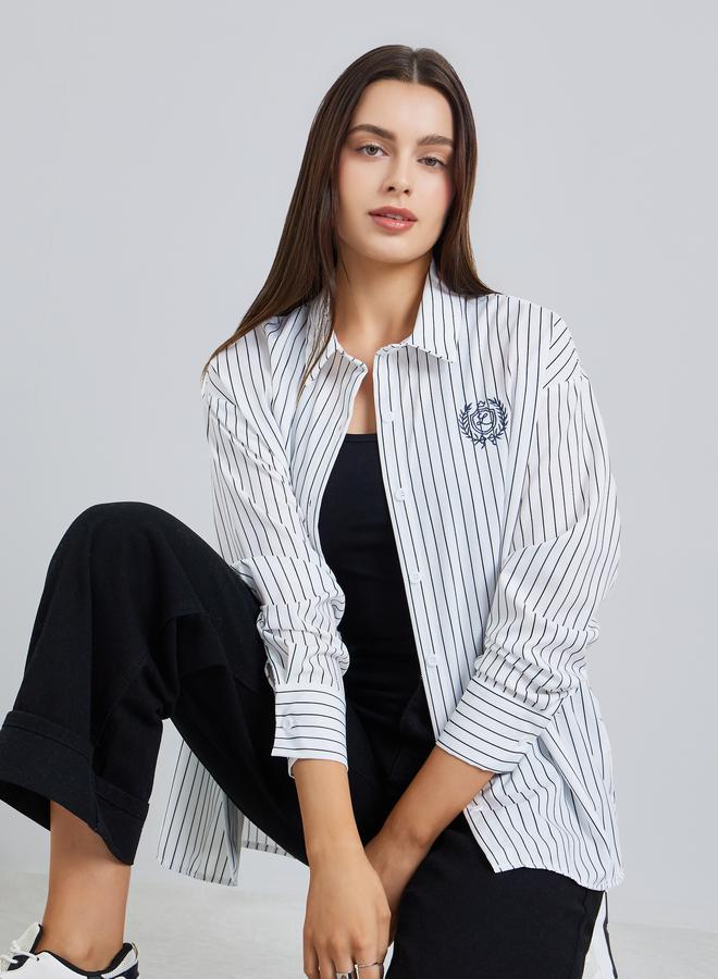Styli Women Striped Embroidered Oversized Shirt - Image 5